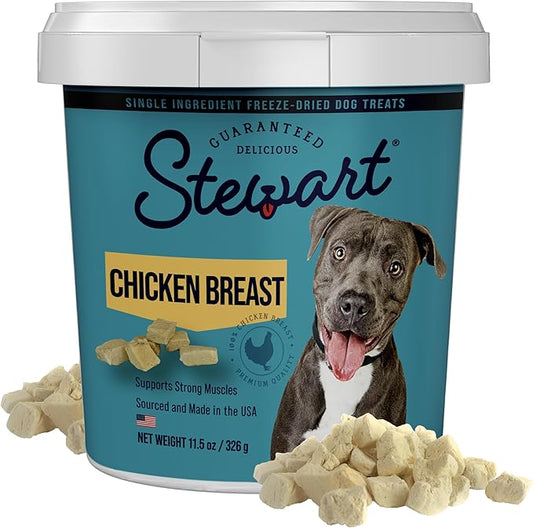 Stewart Single Ingredient Freeze Dried Raw Dog Treats, Chicken Breast, 11.5 Ounce, Approx. 215 Pieces per Resealable Tub, Training Treats or Meal Topper, High Protein, Grain Free, Gluten Free