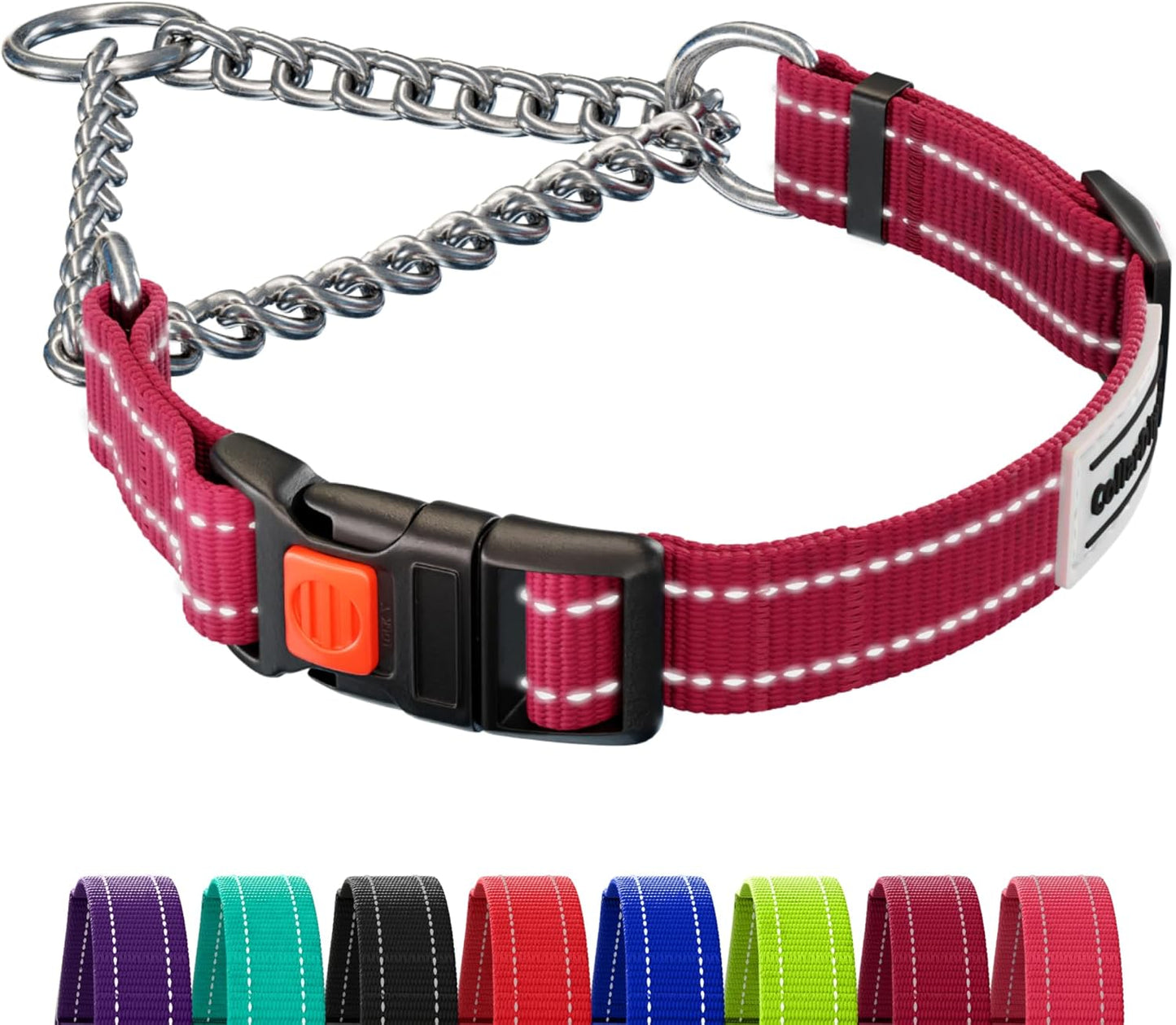 CollarDirect Martingale Dog Collar with Stainless Steel Chain and Quick Release Buckle - Reflective Collar for Large, Medium, Small Dogs - Dark Red, Medium (Neck Size 14"-17")
