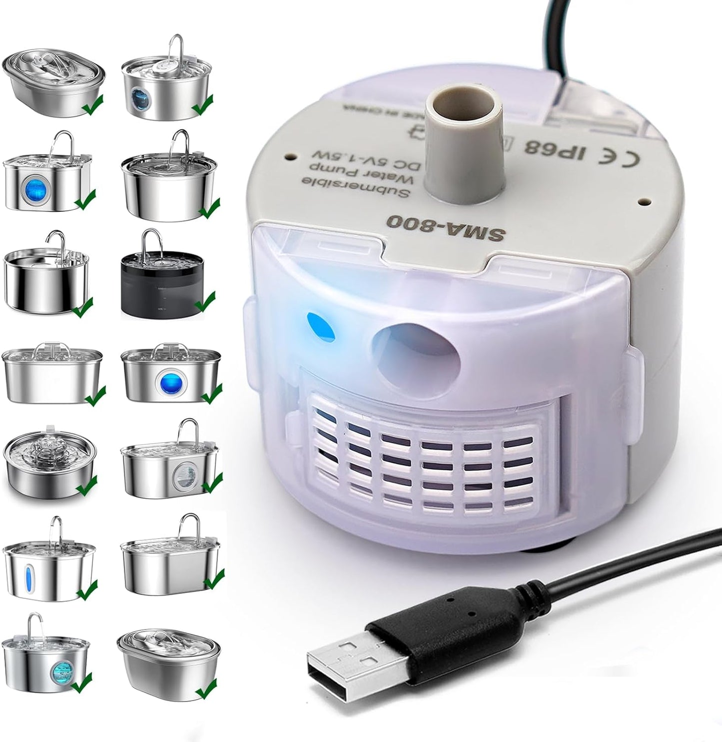 Cat Water Fountain Pump,Pet Water Fountain Pumps Replacement SMA-800 Submersible Motor,Cat Fountain Pump for Stainless Steel Cat Water Dispenser