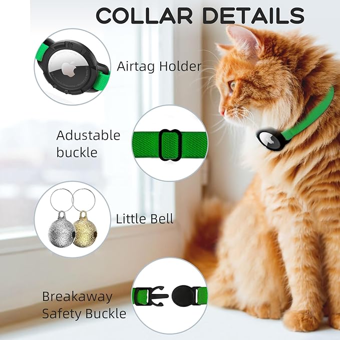 AirTag Cat Collars, Stretchy Collar with Apple AirTag Holder and Bell, Breakaway Ultra Design Elastic GPS Tracking Collars for Cats and Puppies, (7.5-12.5 Inch), Emerald Green
