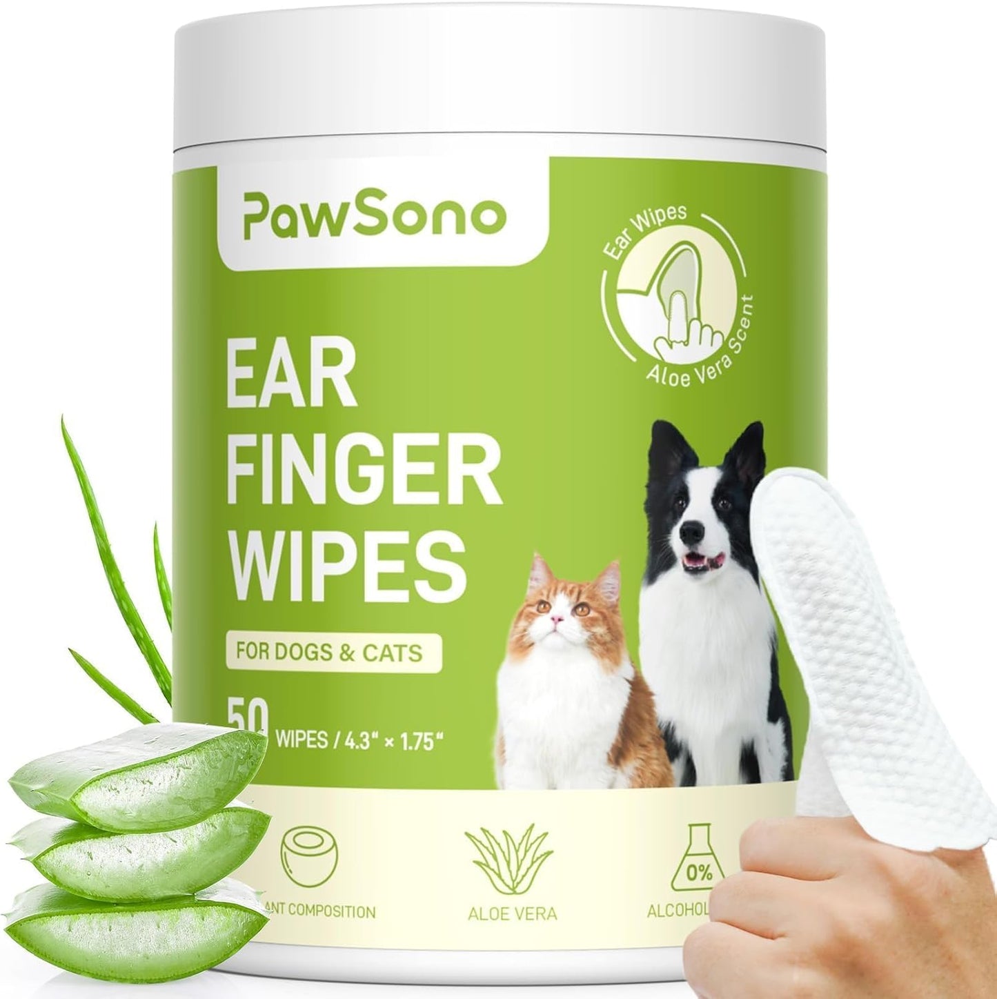 Ear Finger Wipes for Dogs & Cats, Thicker Dog Ear Cat Ear Cleaner Wipes, Natural Relief Cat Ear Cleaner Dog, Pet Health Supplies for Dog Small Animal Cat, Aloe Scent Deodorizing - 50 Count