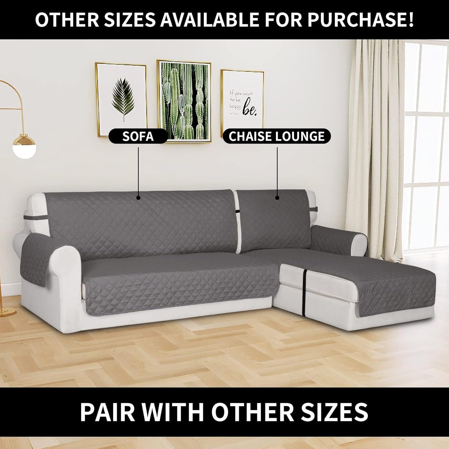 Easy-Going Reversible Chaise Lounge Couch Cover Water Resistant Sofa Cover Sectional L Shaped Sofa Slipcover with Adjustable Straps Furniture Protector for Dogs (115X34 in, Gray/Gray)
