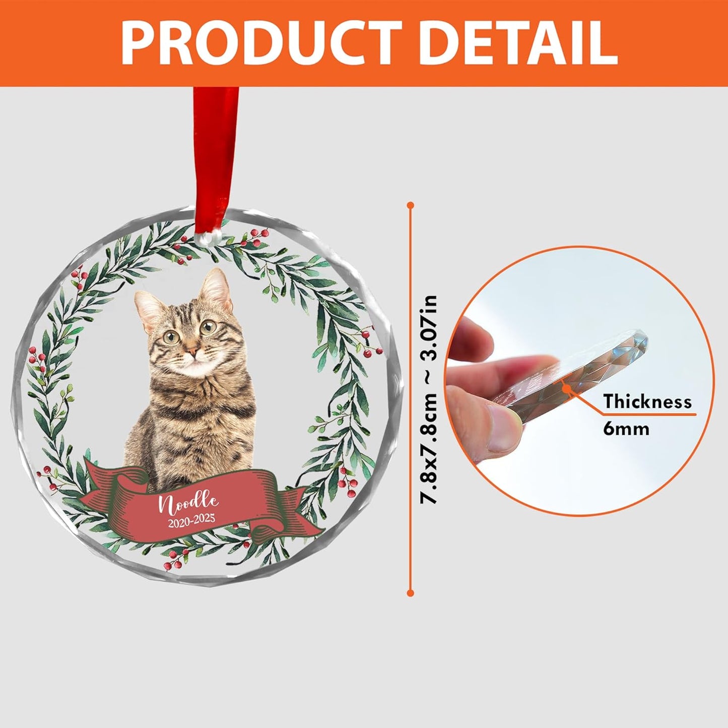 Personalized Cat Memorial Ornament, Pet Loss Remembrance Gift for Christmas, Cat Lovers, Pet Owner – Custom Name and Year on Holiday Wreath Glass Keepsake