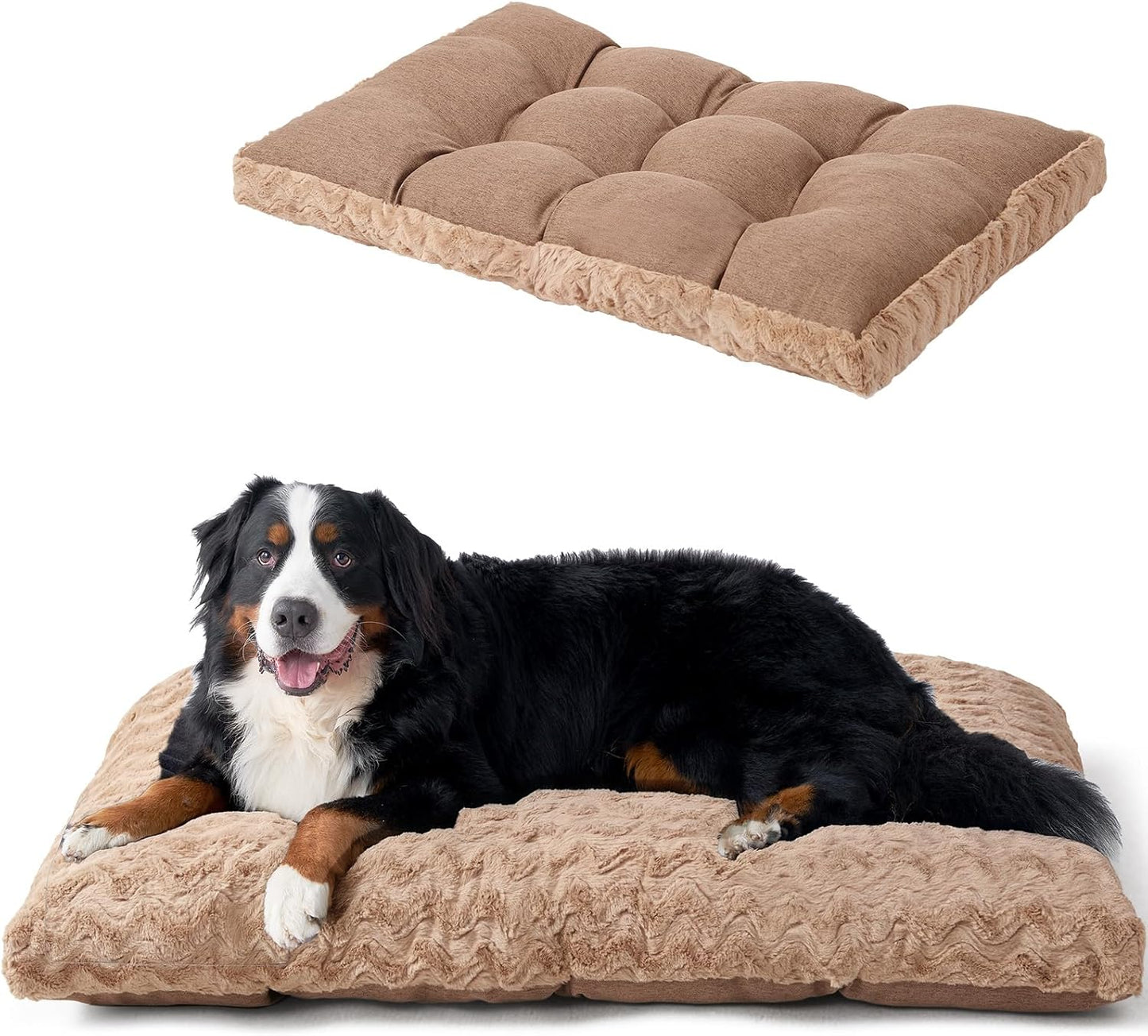 EHEYCIGA Reversible Dog Crate Bed Washable, Comfort Fluffy Plush Dog Kennel Pad for Gaint Dogs, Deluxe Machine Washable XXL Pet Sleeping Mats, 47" x 29"x 4", Camel