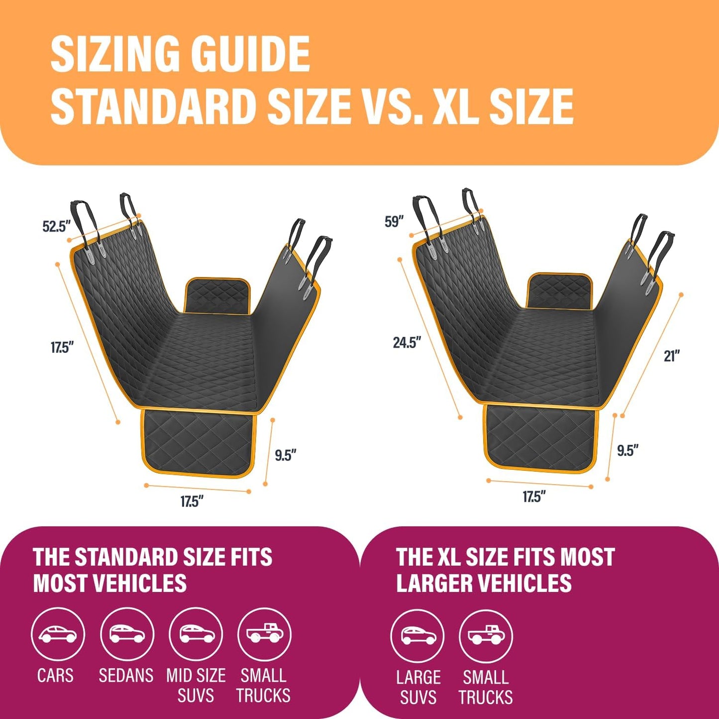 Active Pets Dog Car Seat Cover for Back Seat, Waterproof Pet Hammock Protector, Durable Nonslip Seat Protection SUV Truck, Standard 53"x56", Orange