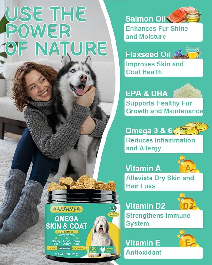 Omega 3 for Dogs - Dog Skin and Coat Supplement with EPA & DHA Fatty Acids- Fish Oil Chews with Salmon Oil & Vitamins - Itchy, Dry & Shedding Skin Relief- Chicken Flavor, 120 Chews