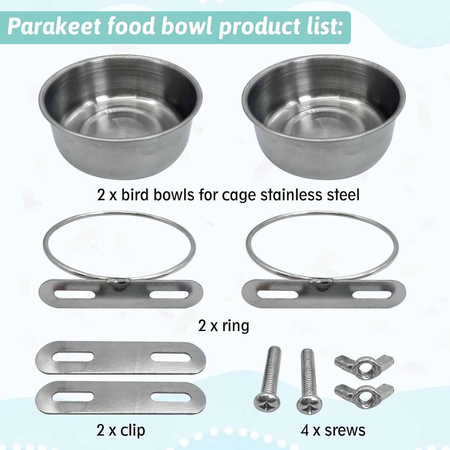PINVNBY 2 PCS Stainless Steel Bird Bowl Parrot Food Water Bowls with Clamp Holder Bird Feeder Dish Cups Crate Bowls for Cockatiel Pigeons Conure Budgies African Greys (Double Screws Size: S)
