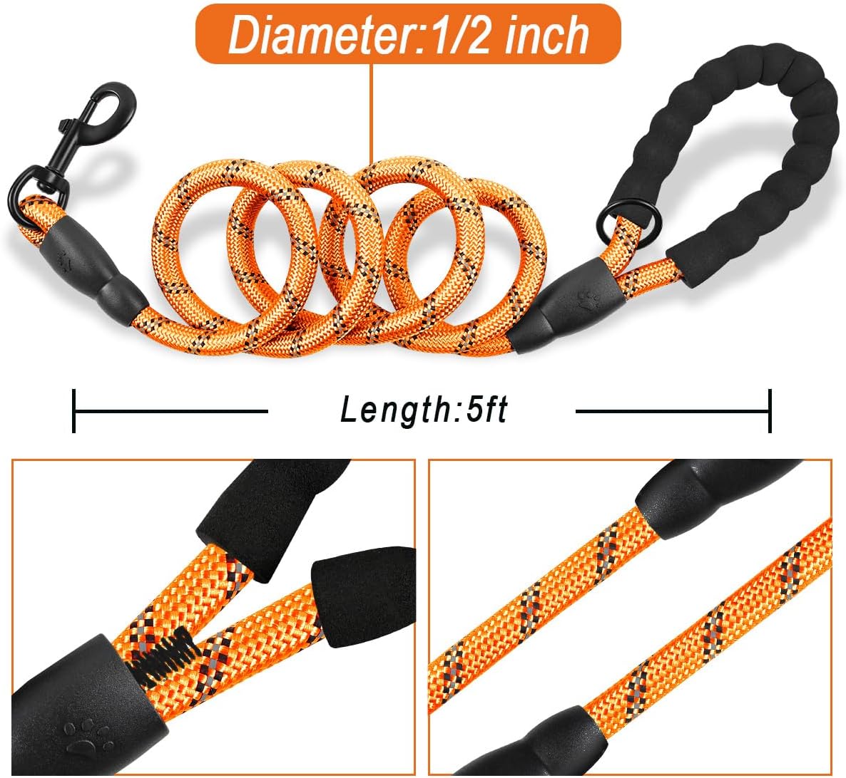BARKBAY Dog Leashes for Large Dogs Heavy Duty Dog Leash 2 Pack 5 FT with Comfortable Padded Handle Highly Reflective Threads for Medium Large Dogs Walking Training Running (5FT-1/2,Orange+Black)