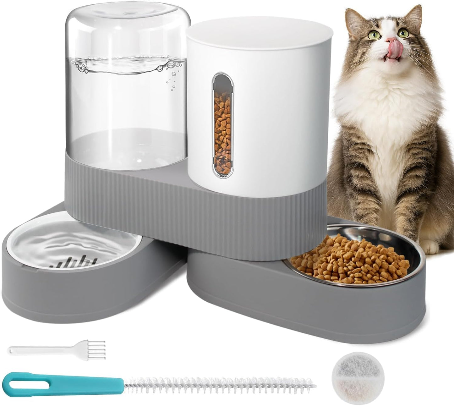 Automatic Gravity Cat Dog Feeder and Water Dispenser with 304 Stainless Steel Bowls 2 in 1 360 Degree Rotatable Auto 2.4L Dry Food and 2.6L Water Bowl for Small Medium Pet Dog Puppy Kitten (Gray)
