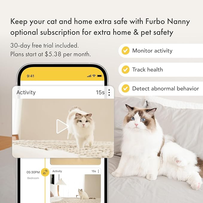 Furbo 360° Cat Camera: Pet Security Cam w/Meowing Alerts, Rotating View, Treat Toss w/Phone App, Smart Home Indoor Kitty Monitoring, 2-Way Speaker (Standard Features - No Subscription Required)
