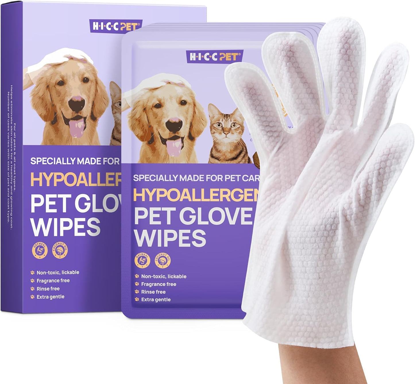 HICC PET Cleaning Deodorizing Glove Wipes for Dogs & Cats, Vet Recommended Hypoallergenic Pet Cleaning and Hydrating Glove Wipes, Nourish Fur Coconut Oil Pet Bathing Wipes for Horse Coat Care