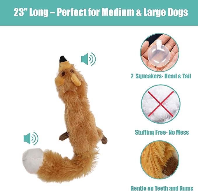 SPOT Skinneeez Fox 23-Inch Stuffing-Free Plush Dog Toy – Realistic Design with 2 Squeakers – Durable, Soft Polyester for Medium & Large Dogs – Tug, Fetch & Shake Play – for Moderate Chewers