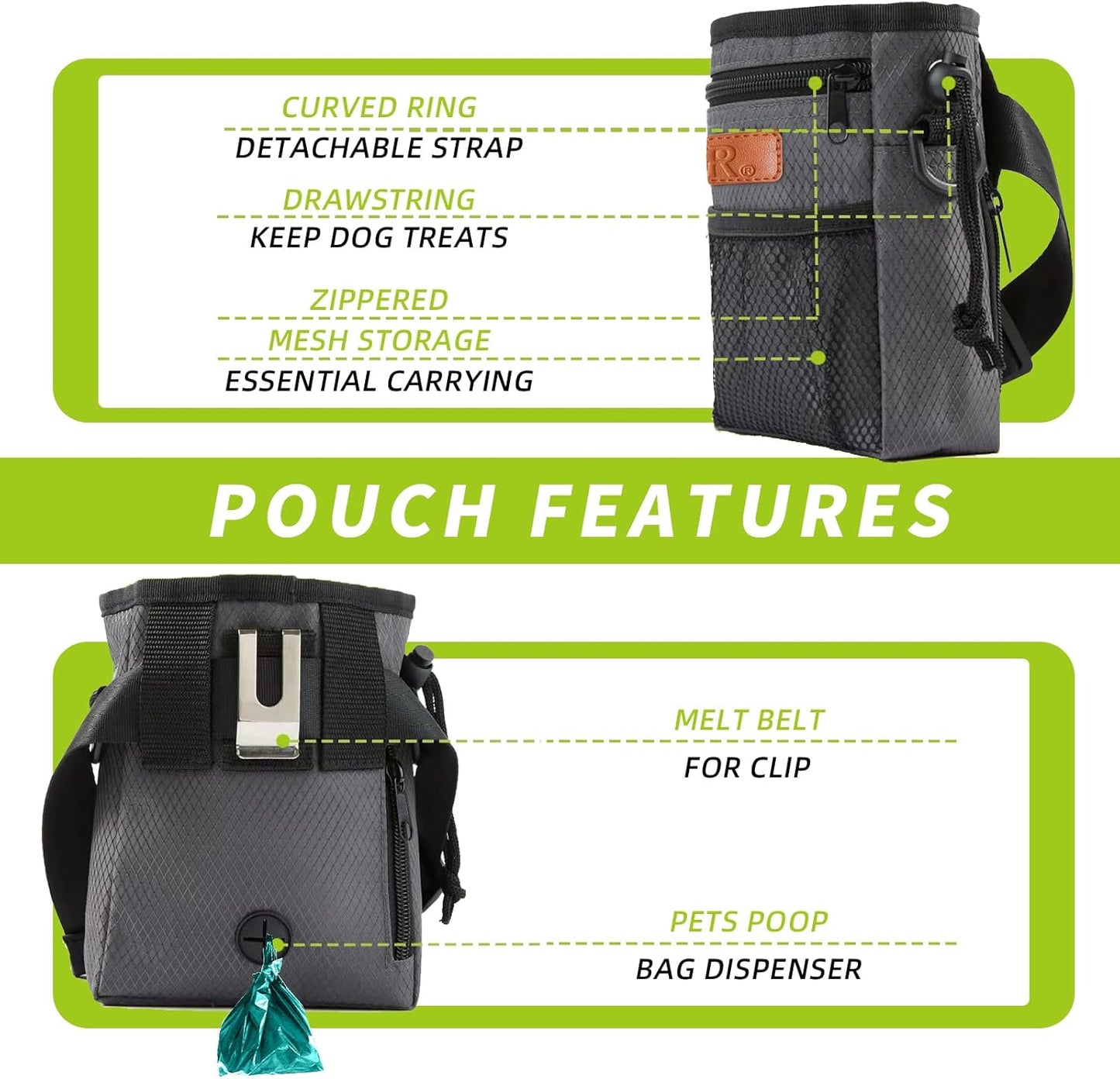 Dog Treat Training Pouch Easily Carries Pet Toys Kibble,Treats Built-in Poop Bag Dispenser 3 Ways to Wear Comes with a Foldable Silicone Bowl(Dark Grey)