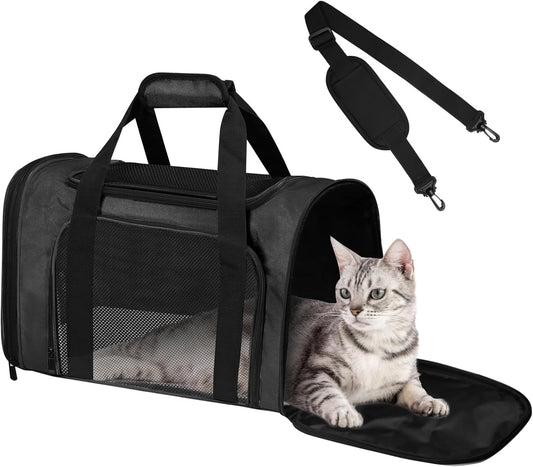 Airline Approved Pet Carrier for Cats & Small Dogs – Soft Sided Travel Bag 17"x11"x11", Portable Collapsible Under Seat Pet Carrier with Mesh Windows & Shoulder Strap, Black