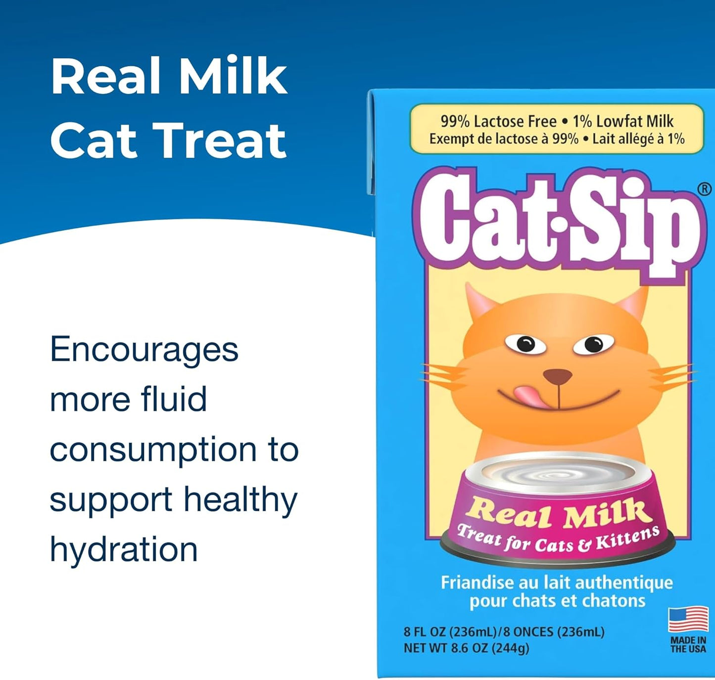 Pet-Ag Cat-Sip Real Milk Treat - 8 oz, 6 Pack - Ready-to-Feed Snack for Cats & Kittens - Easy to Digest with 99% Lactose-Free, Low-Fat Grade A Milk - Encourages Hydration - Promotes Eye & Heart Health