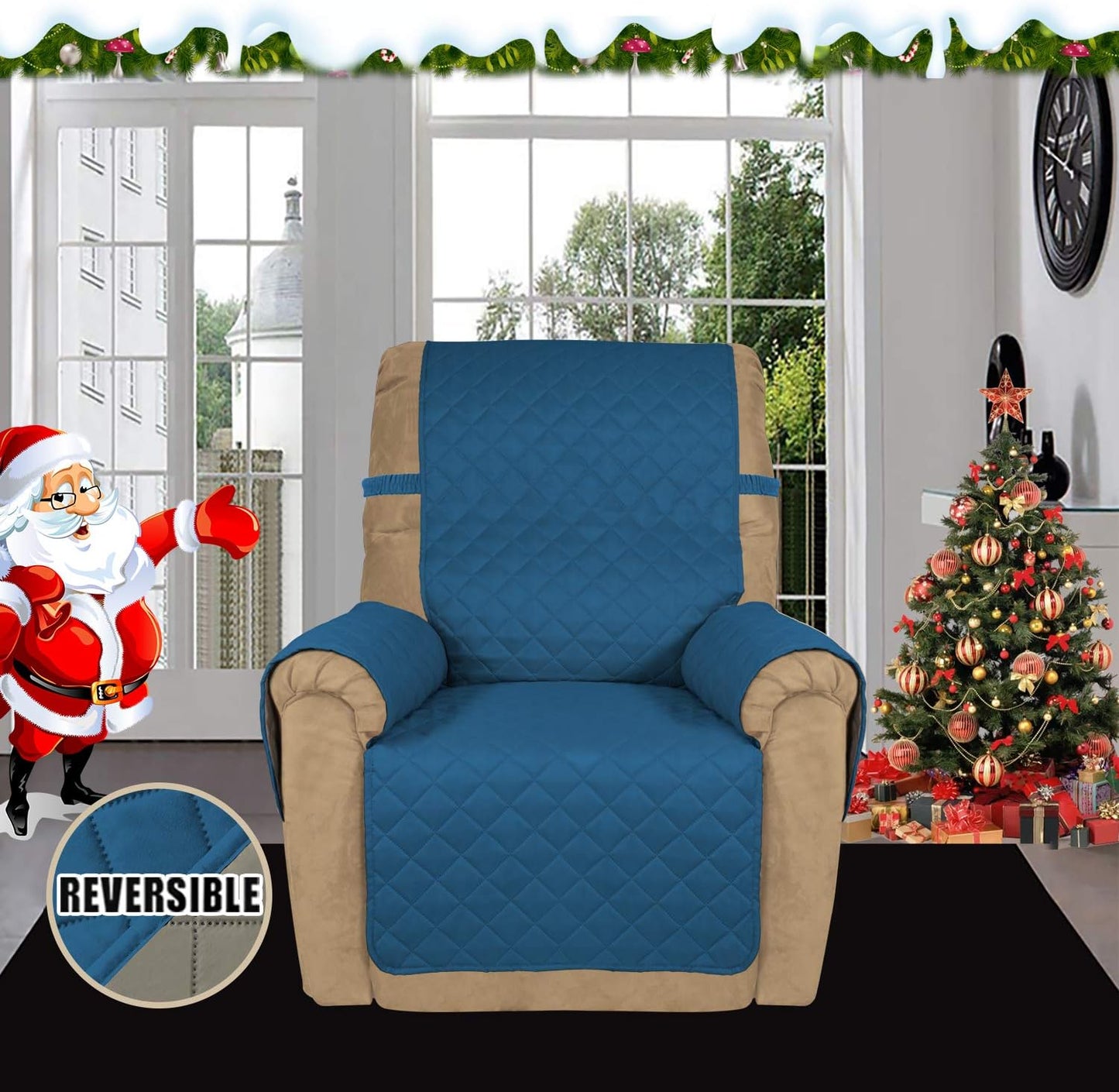 Easy-Going Recliner Sofa Slipcover Reversible Sofa Cover Water Resistant Couch Cover Furniture Protector with Elastic Straps for Pets Kids Children Dog Cat (Recliner, Peacock Blue/Beige)