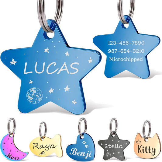 Anavia Small Size Dog Cat ID Tags, Small/XS Personalized Color Plated Stainless Steel Puppy Kitten Name Tags, Customized Engraved Nameplate Pet Collar Tag (Blue, Star)