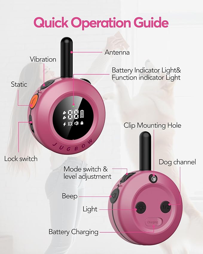 Jugbow Dog Shock Collar - 3/4 Mile Dog Training Collar with Remote for Large Medium Small Dogs, Rechargeable IPX8 Waterproof E-Collar with 3 Training Modes, LED Light & Security Lock (Pink)