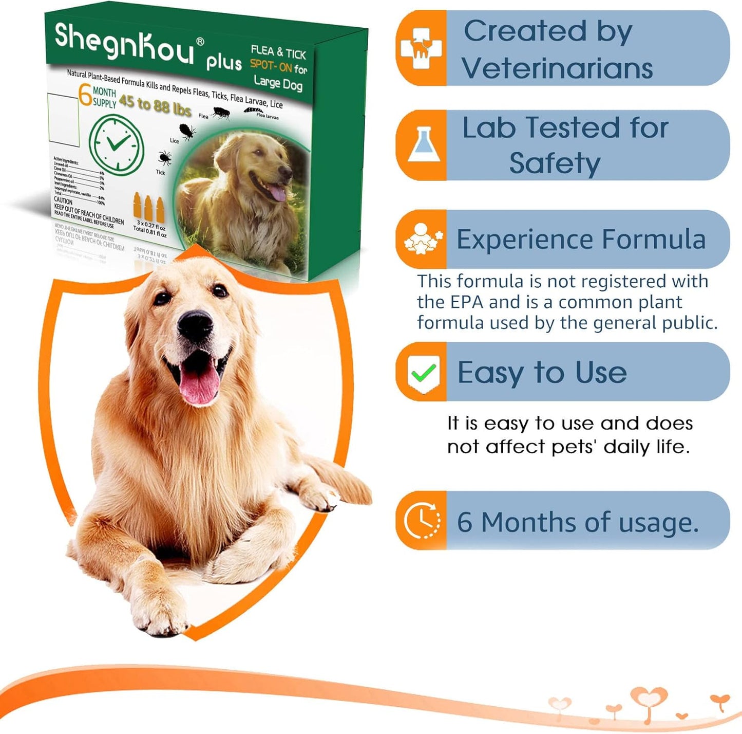 Natural Flea & Tick Treatment for Large Dogs (45-88 lbs) | 6-Month Protection + Free Tools | Vet-Reviewed Formula