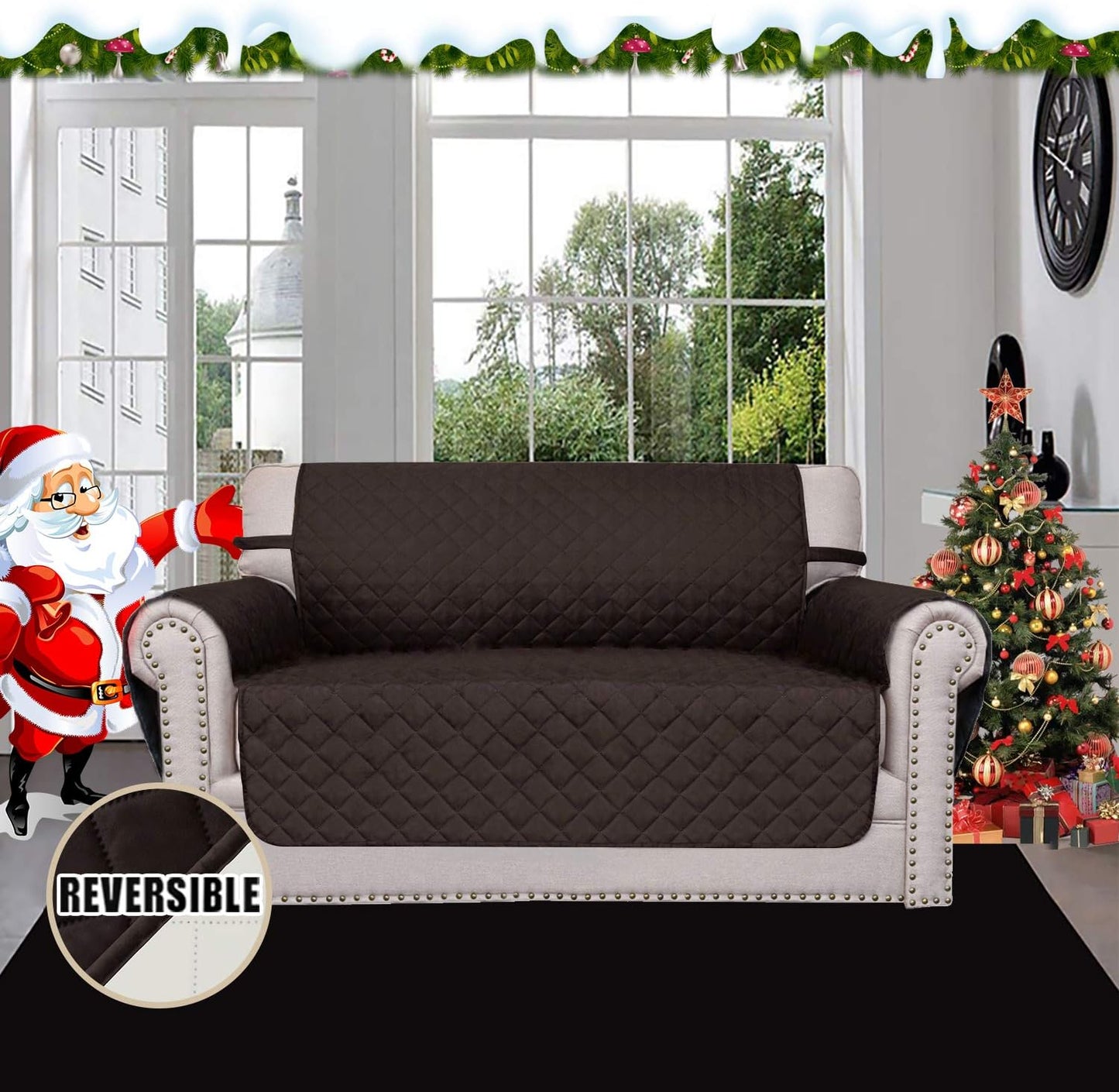 Easy-Going Reversible Loveseat Couch Cover for 2 Cushion Couch Sofa Cover for Dogs Water Resistant Furniture Protector with Foam Sticks Elastic Straps for Pet (Loveseat, Chocolate/Ivory)