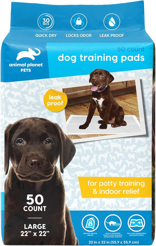 Animal Planet PETS Puppy Pads - Large 22"x22" – 50 Count | Pee Pads for dogs - Leak-Proof and Fast-Absorbing Training Pads - Puppy essentials - wee wee pads for Dogs