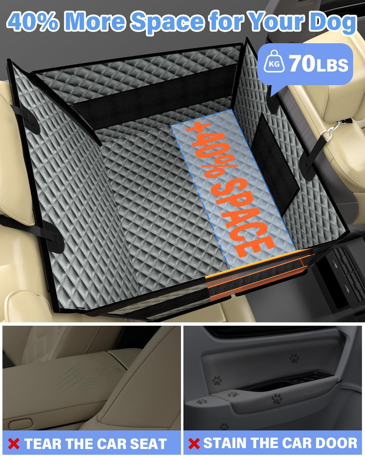 Dog Car Seat for Large Dogs, Back Seat Extender for Dogs, Foldable Pet Car Seat with Waterproof Oxford Fabric and Non-Slip Bottom, All-Around Protection and Strong Support, Grey