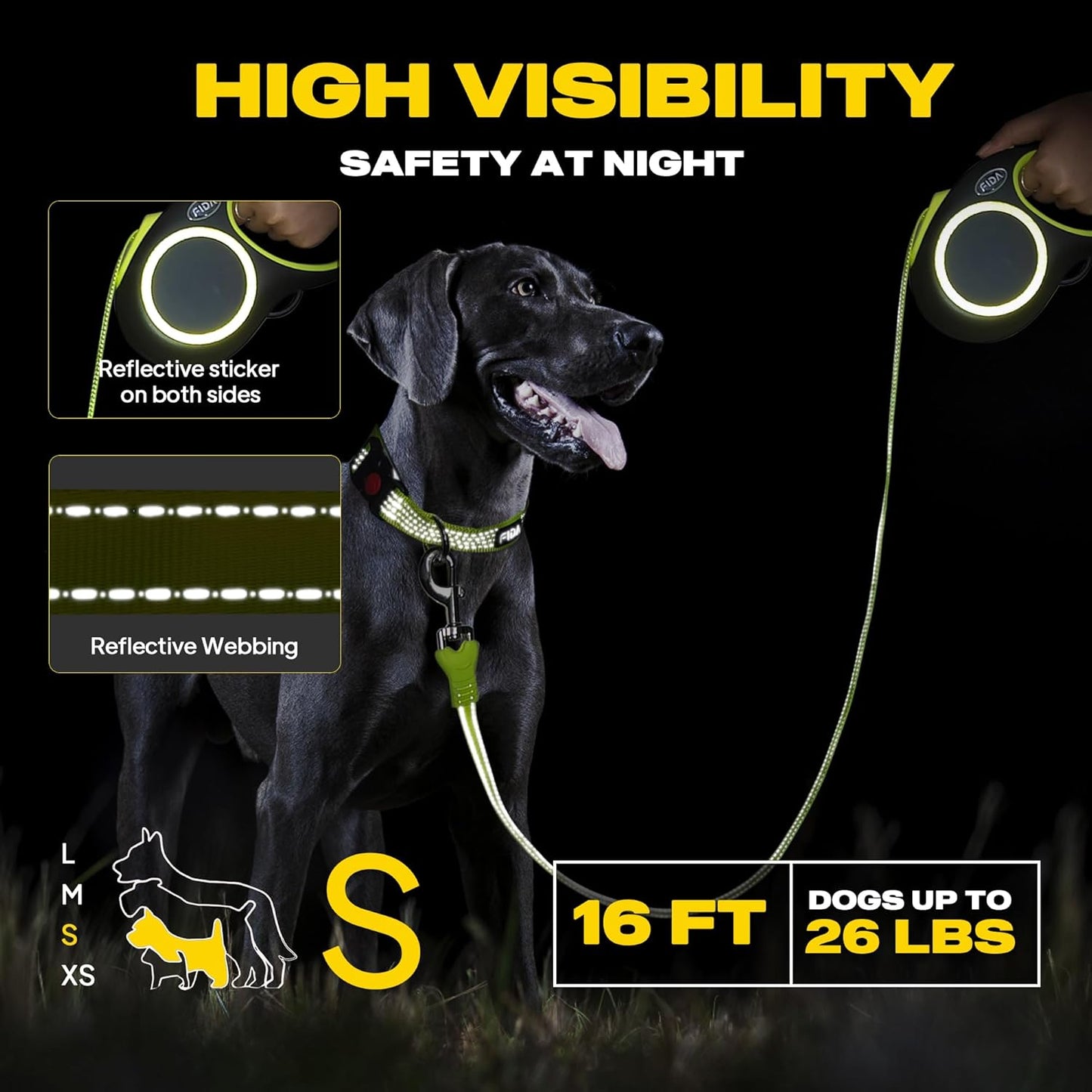 Fida Retractable Dog Leash, Reflective 16ft Heavy Duty Pet Walking Leash for Small/Medium Dog up to 26 lbs, Tangle Free. One-Hand Brake (Small, Neon Yellow)