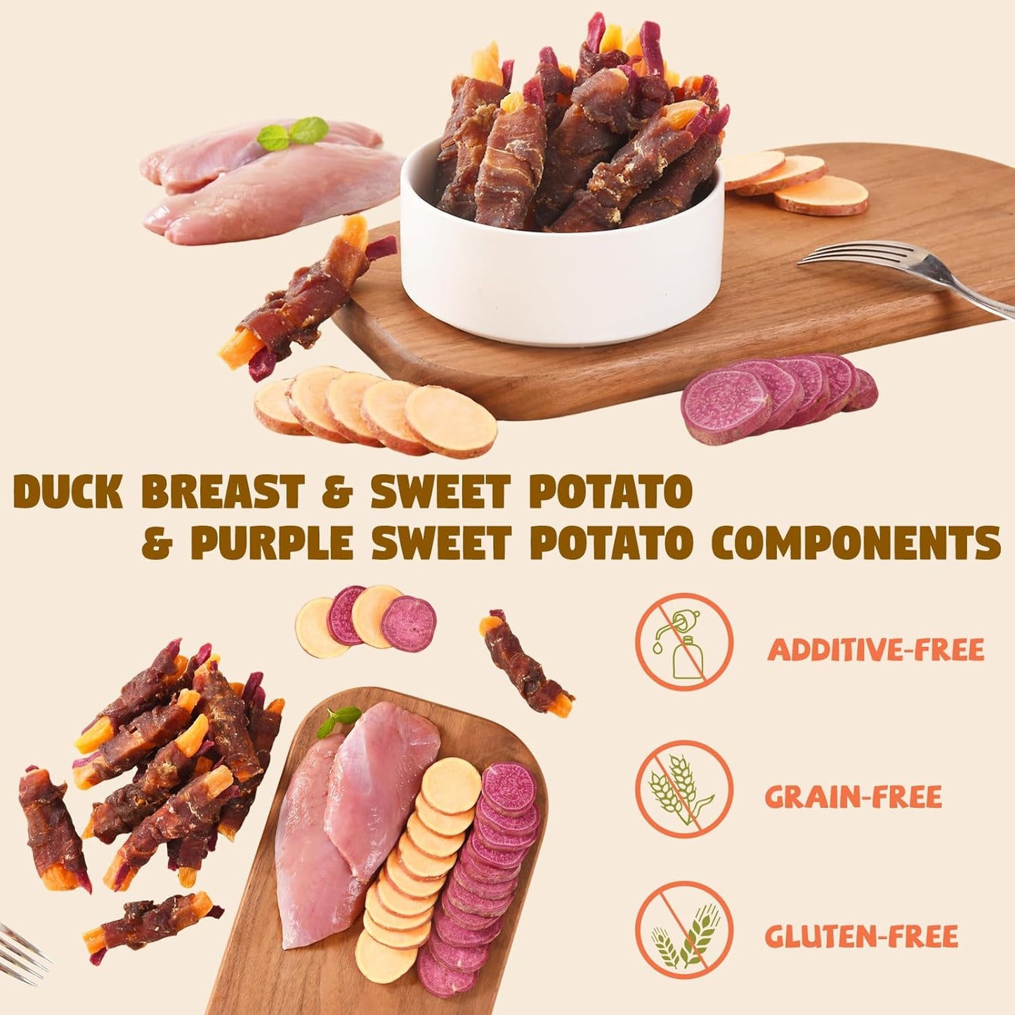 Dog Jerky Treats Duck Wrapped Orange Purple Sweet Potato, Healthy Dog Snacks High Protein Low Fat, Soft Chews Eliminates Tears, Training Rewards Treats for Small Medium Large Breeds,10.58 oz