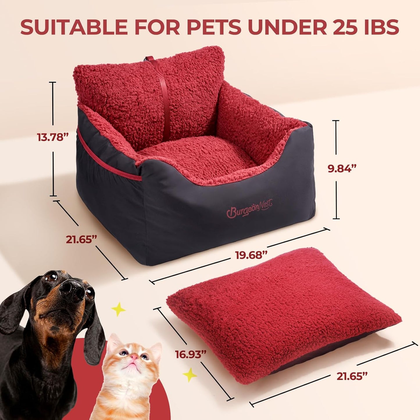 BurgeonNest Dog Car Seat for Small Dogs, Detachable and Washable Cat Carseats Under 25 lbs, Soft Pet Booster Seats with Storage Pockets and Clip-On Leash Portable Car Travel Carrier Bed, Black red