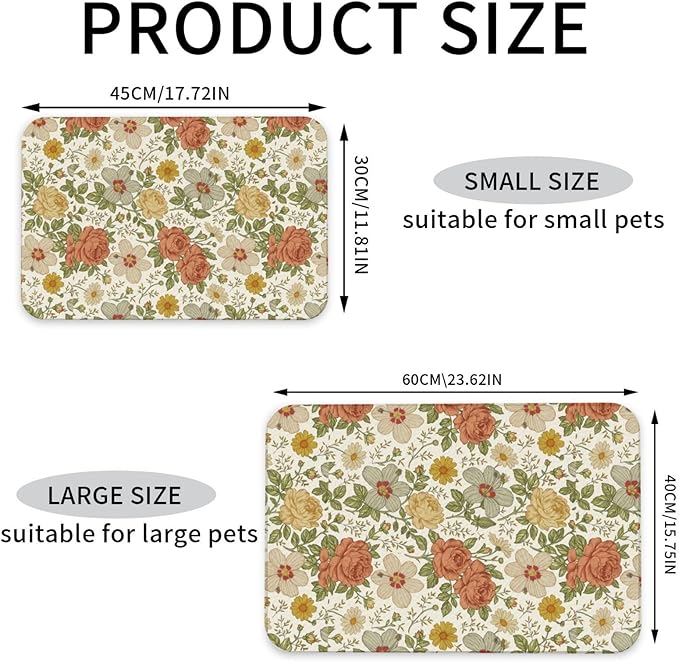 Delicate Floral Dog Food Mat Absorbent Bowl Mats No Stains Quick Dry Waterproof Pet Cat Placemats for Food and Water, 30x45cm