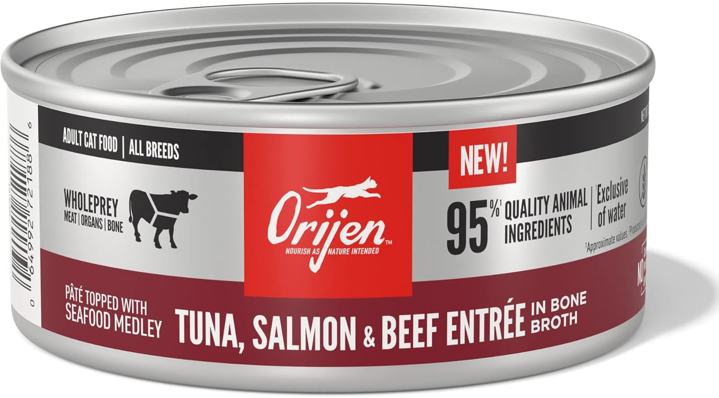 ORIJEN Premium Pate Wet Cat Food in Bone Broth Tuna Salmon & Beef Entrée 5.5oz Cans (12 Count)