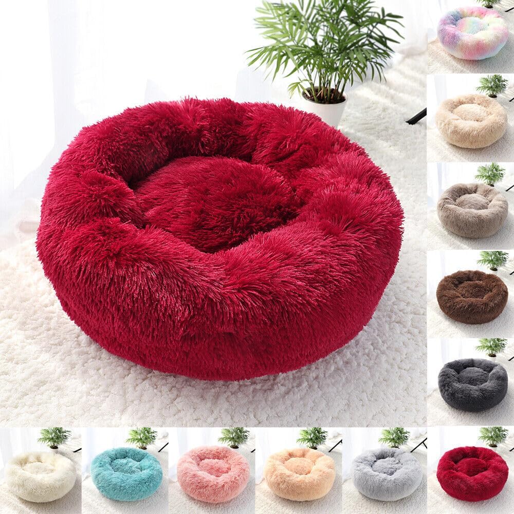 Cat Beds for Indoor Cats - Cat Bed Washable 20/24 inches, Dog Beds for Small Medium Dogs, Anti Anxiety Round Fluffy Plush Faux Fur Cat Bed, Thick Bottom (Red, Medium)
