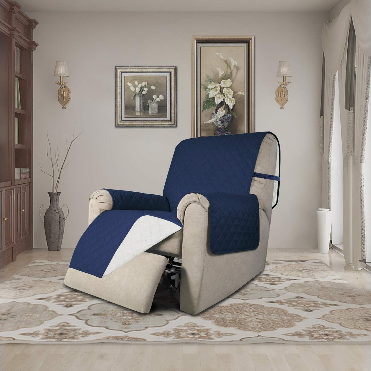 Easy-Going Recliner Chair Slipcover Reversible Sofa Cover Water Resistant Couch Cover Furniture Protector with Elastic Straps for Pets Dog (Recliner, Navy/Ivory)