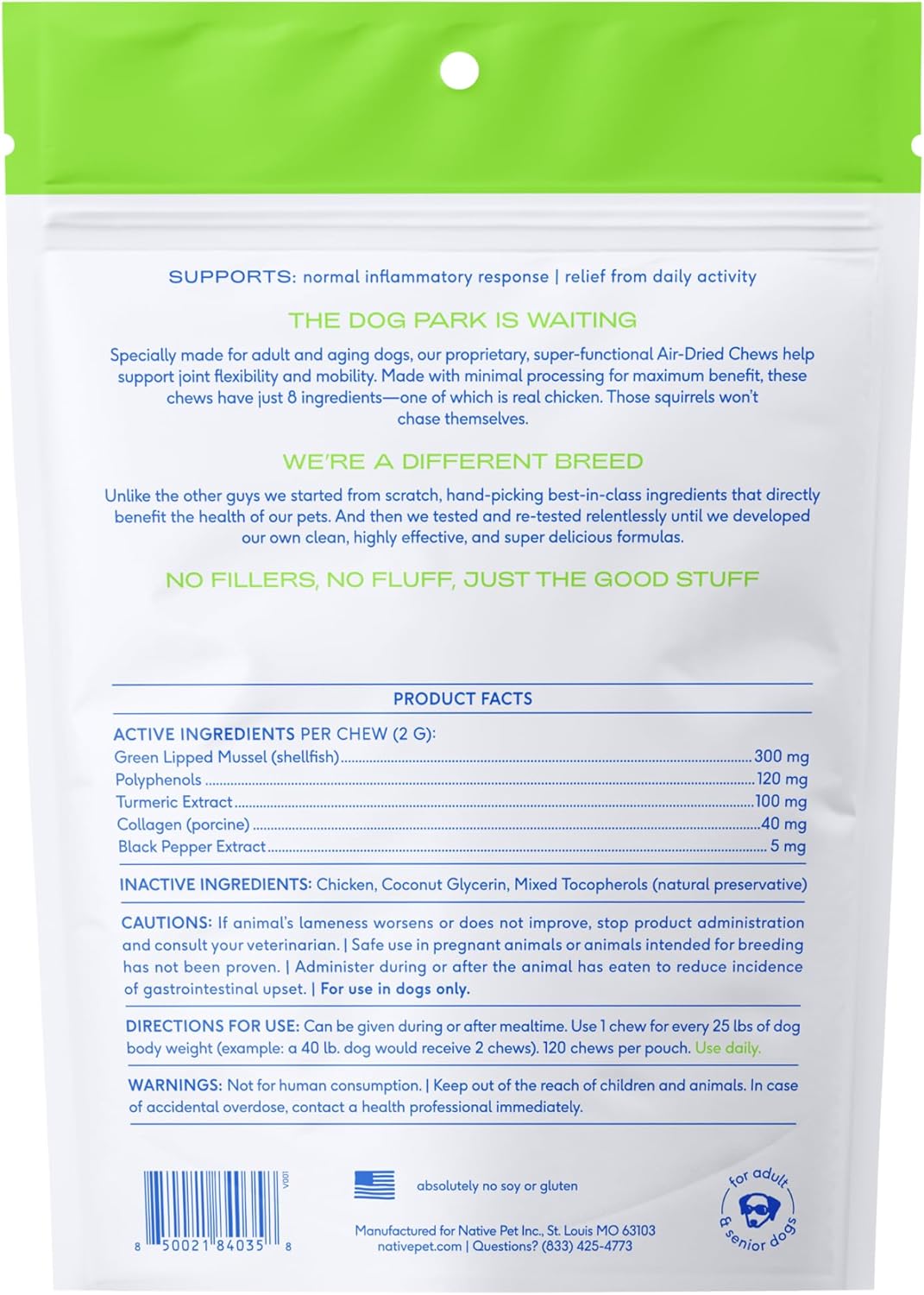 Native Pet Pain Relief for Dogs - Collagen for Dogs Promotes Joint Health, Reduce Inflammation & Stiffness - Senior Pup Joint Supplement - Natural Pain Reliever for Active & Aging Pets - 120 Chews
