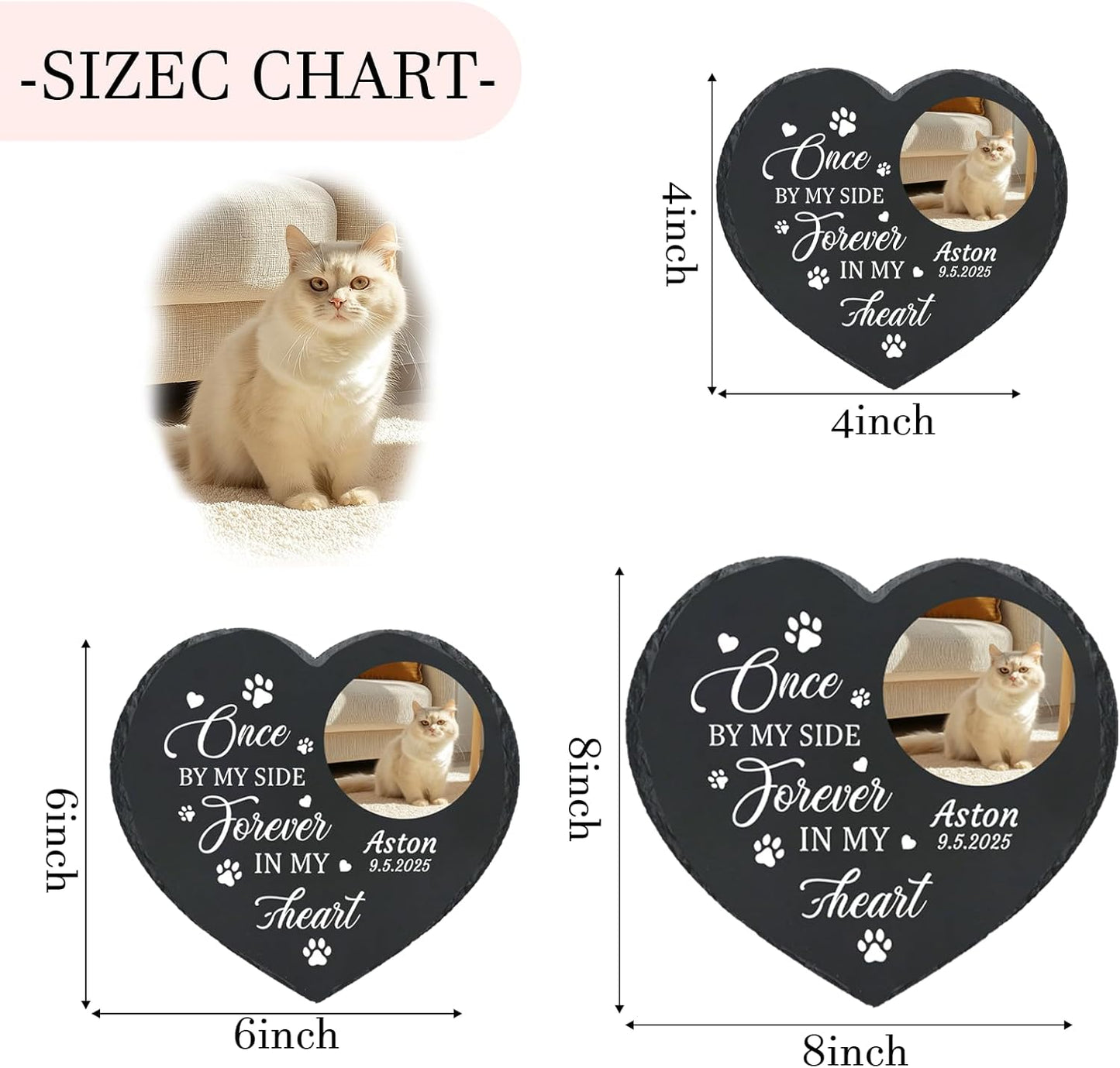 Personalized Pet Memorial Stone - Heart-Shaped Custom Cat Grave Marker with Engraved Name & Photo - Pest Grave Stone for Remembrance Dog/Cat Passing Away Sympathy Gifts (Style C)