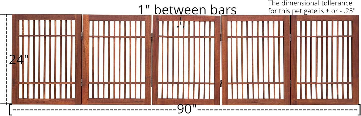 Pet Dog Gate Strong and Durable Freestanding Folding Acacia Hardwood Portable Wooden Fence Indoors or Outdoors by Urnporium (Brown Pet Gate, 5 Panel 24" Tall)