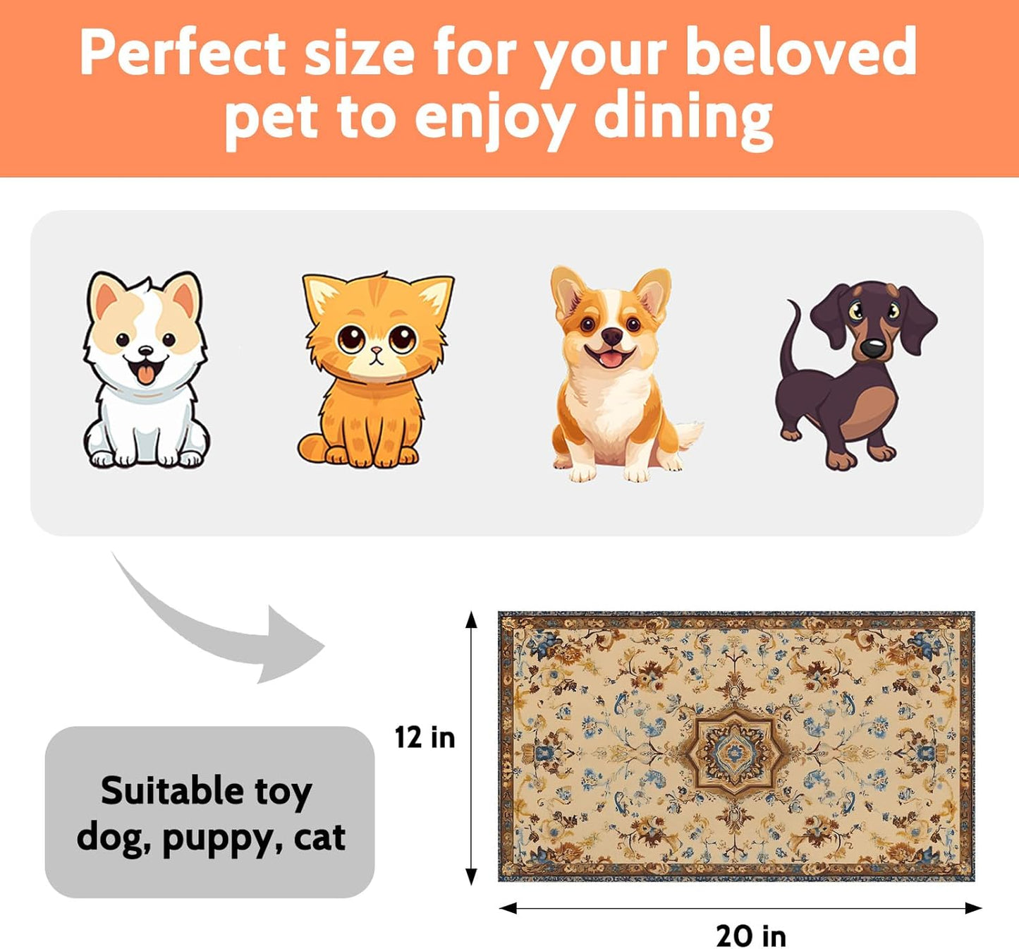 Pet Dog Cat Food Mat, Retro Pattern Pet Feeding Pad, 12 * 20 Inch Absorbent Dog Food Mat, Cat Dish Mat for Food and Water, Suitable for Dog Cat or Other Pets