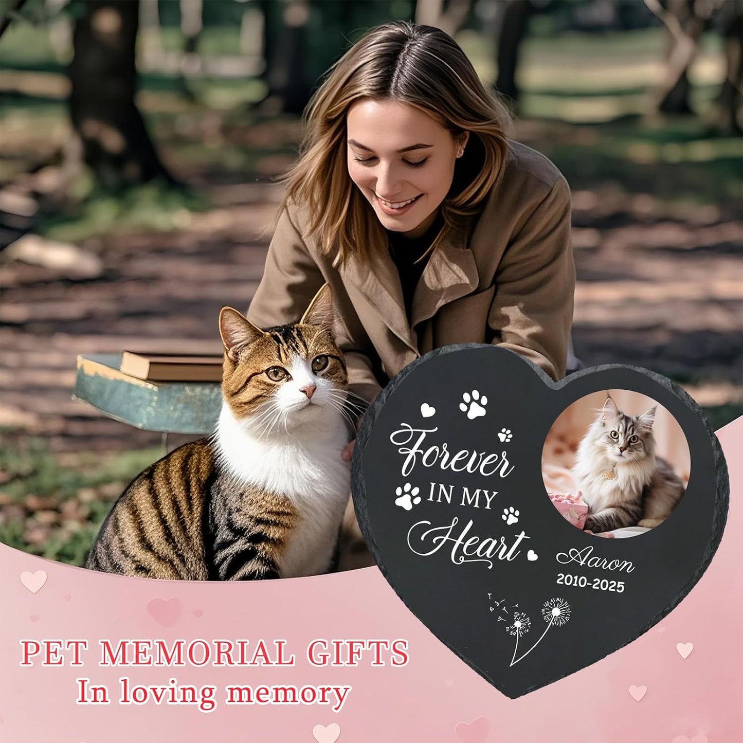 Personalized Pet Memorial Stone - Heart-Shaped Custom Cat Grave Marker with Engraved Name & Photo - Pest Grave Stone for Remembrance Dog/Cat Passing Away Sympathy Gifts (Style B)
