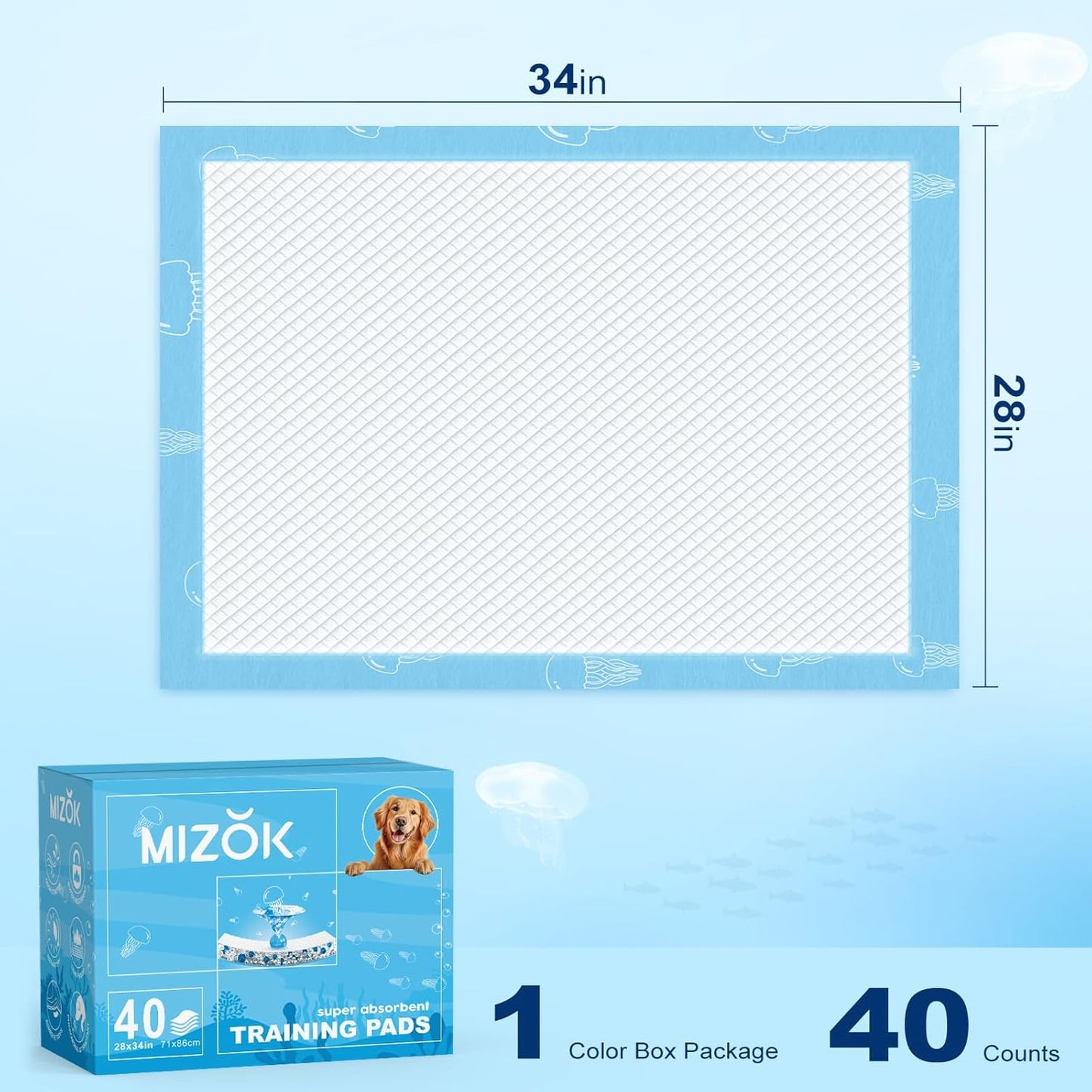 MIZOK Puppy Pads Extra Large 28"x34", 40 Count, XL Dog Pads Super Absorbent & Leak-Proof, Pee Pads for Dogs with Jellyfish Pattern