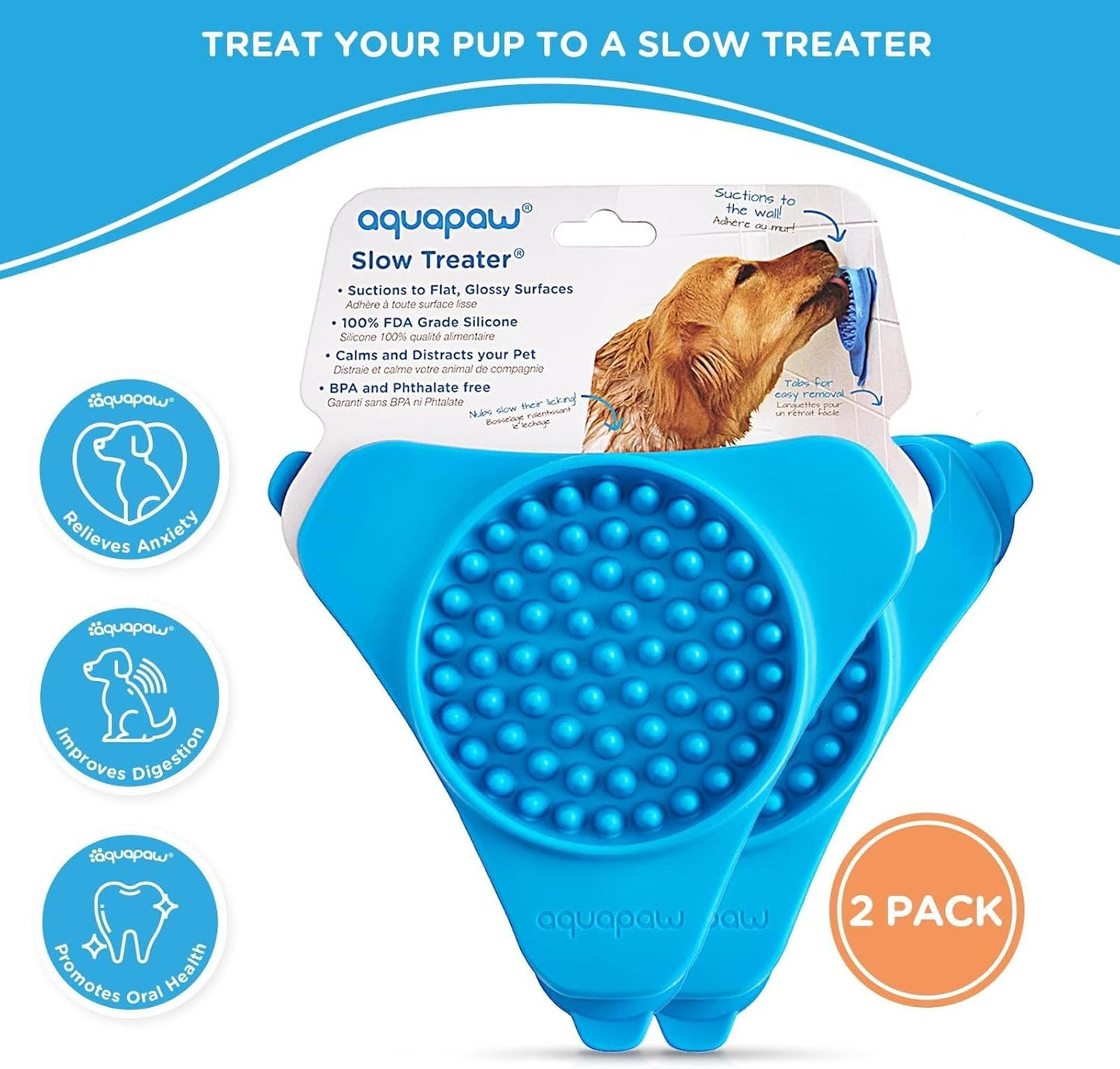Aquapaw Lick Mat for Dogs - 2-Pack, Regular, Blue - Suction Cup Lick Mat & Slow Feeder Pad for Peanut Butter Dog Treats - Calming Bathing Aid