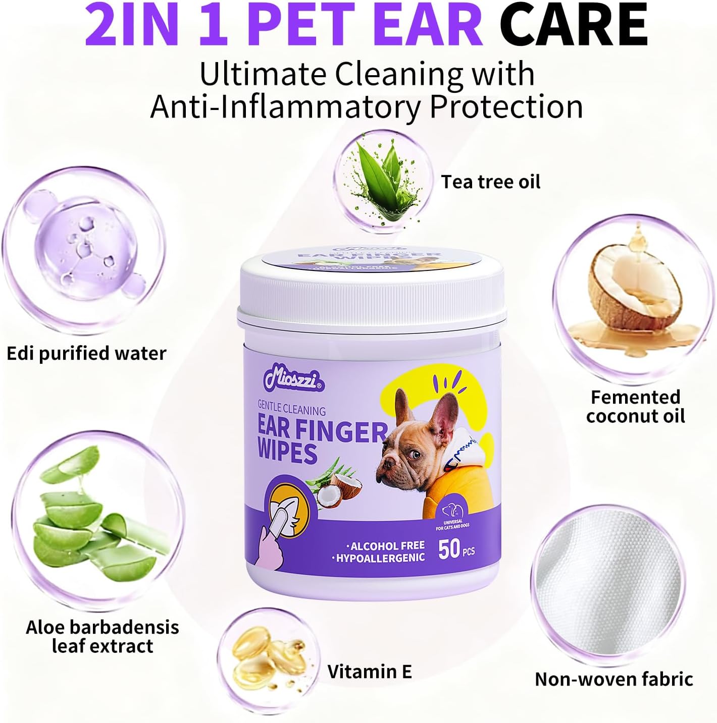 MIOSSZI 250ct Pet Finger Wipes for Dogs & Cats - Dog Ear Cleaner for Itch Relief Remove Wax & Odor, Dog Ear Cleaning Finger Wipes-Pet Ear Finger Wipes