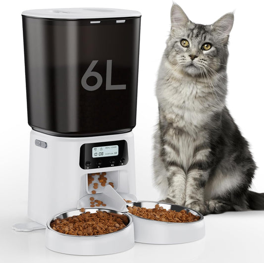 Automatic Cat Feeder for 2 Cats, 6L Timed Cat Dry Food Dispenser Dog Feeder up to 6 Meals & 30 Portions per Day,10S Voice Record,Flexible Schedule Timer Pet Feeder for Small Dogs, White