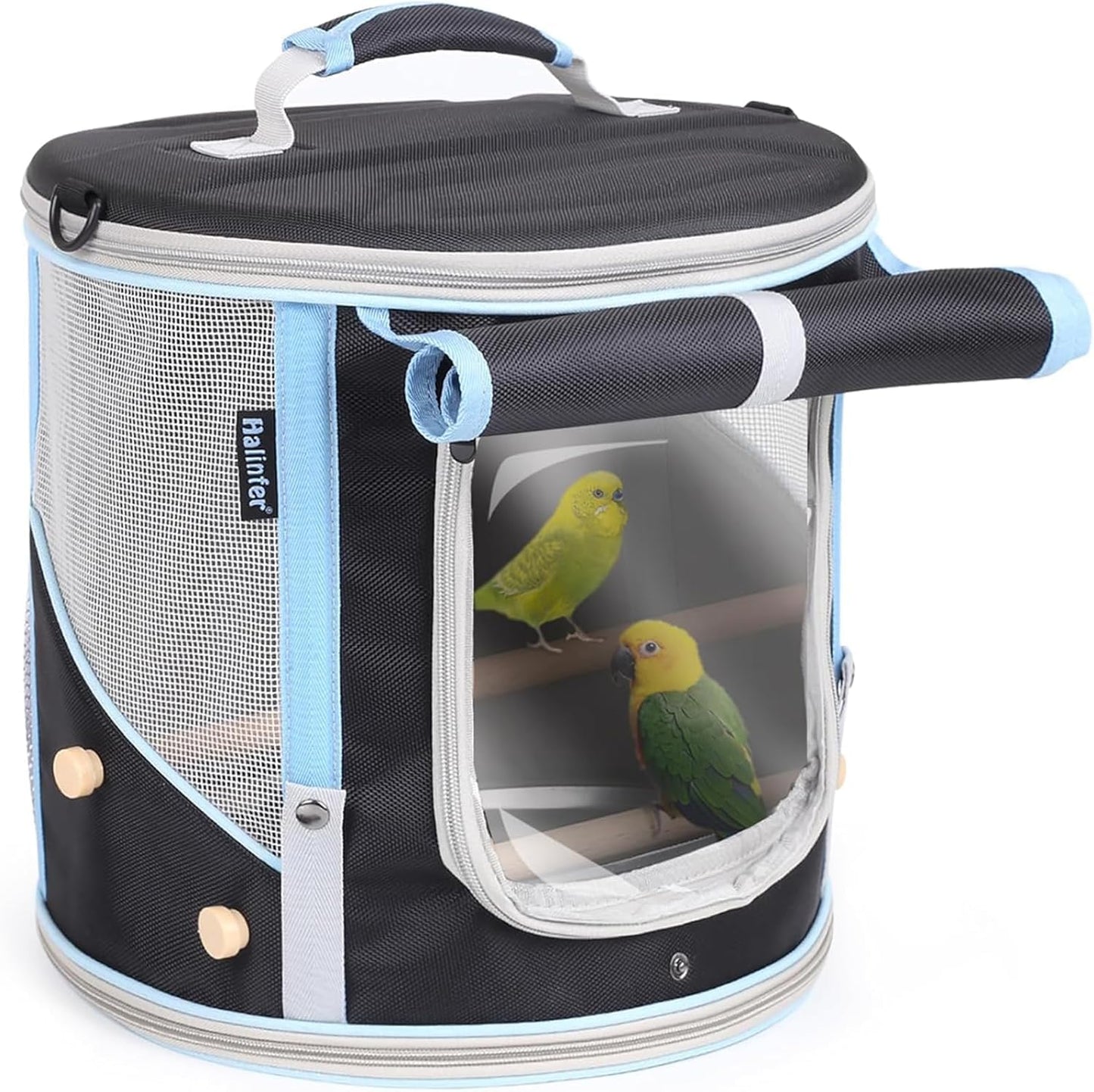 Bird Carrier with Clear Windows, Large Size, Portable Handle, 10 Ventilation Holes, Wooden Perch, Metal Tray, Side Access (Black Oxford, Medium)