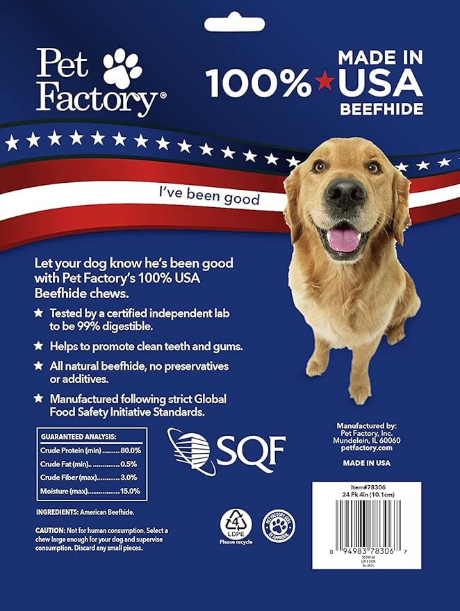 Pet Factory 100% Made in USA Beefhide 4" Knotted Bones Dog Chew Treats - Natural Flavor, 24 Count/1 Pack