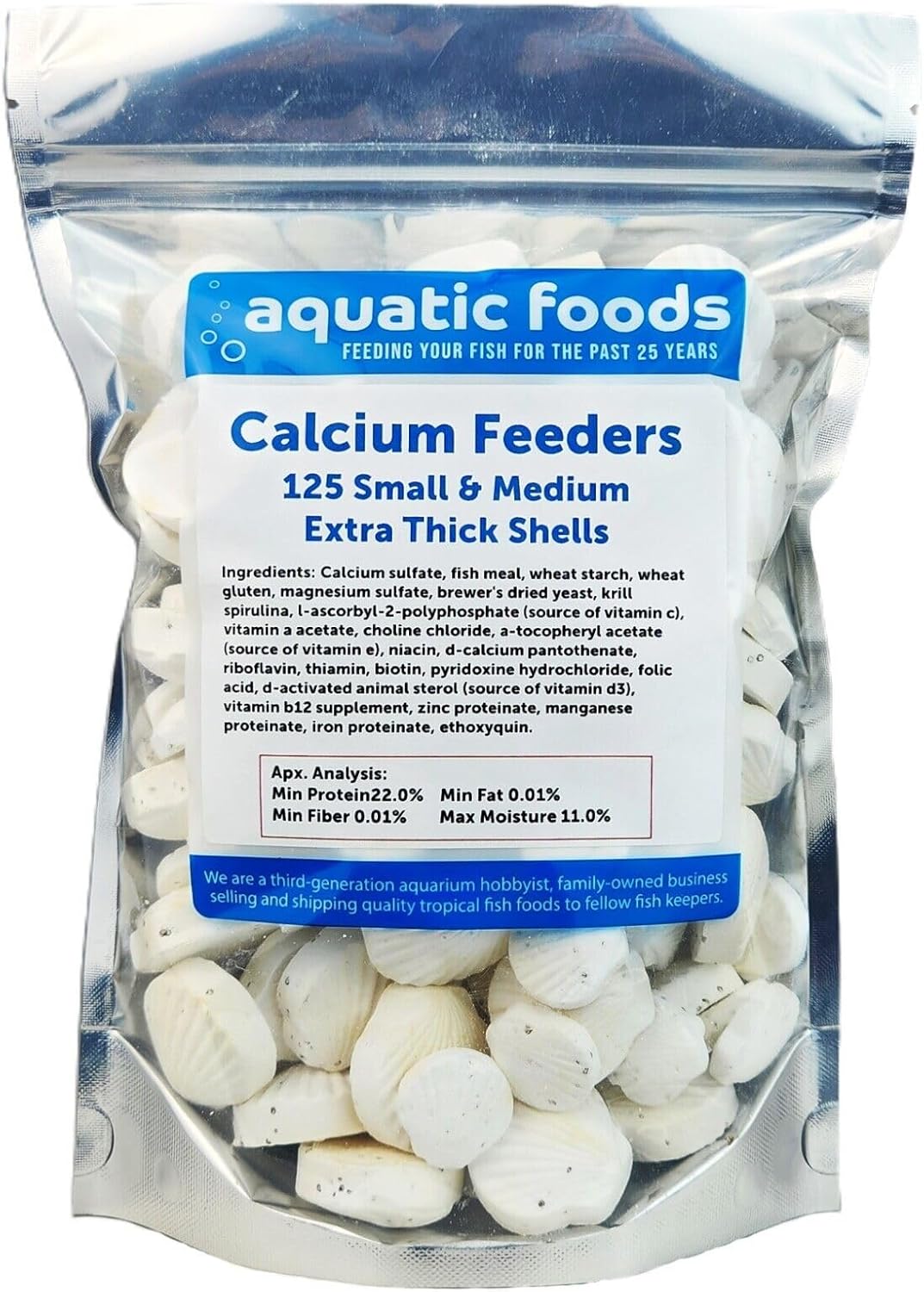 Aquatic Foods Inc. Calcium Feeder Small & Medium Shells. Extra Thick Shells for Shrimp, Snails, Crabs, Crayfish, Hermit Crabs and All Tropical Fish…125 Count Bag