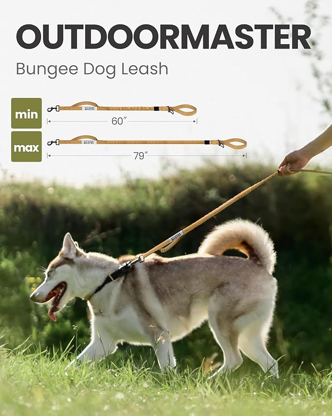 OutdoorMaster Bungee Dog Leash, Heavy Duty Dog Leash with Shock Absorption, 2 Padded Handles Training Leash, Improved Dog Safety and Comfort (Brown, 6 FT)