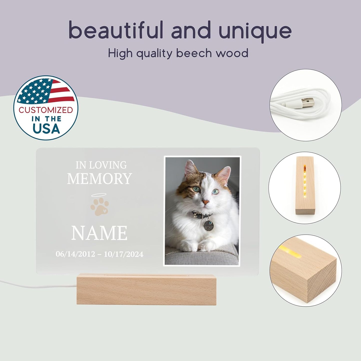 Cat Memorial Gifts/Memorial Gifts/Pet Memorial Stones/Personalized With UV Printed Acrylic/LED Base For Perfect Ambiance