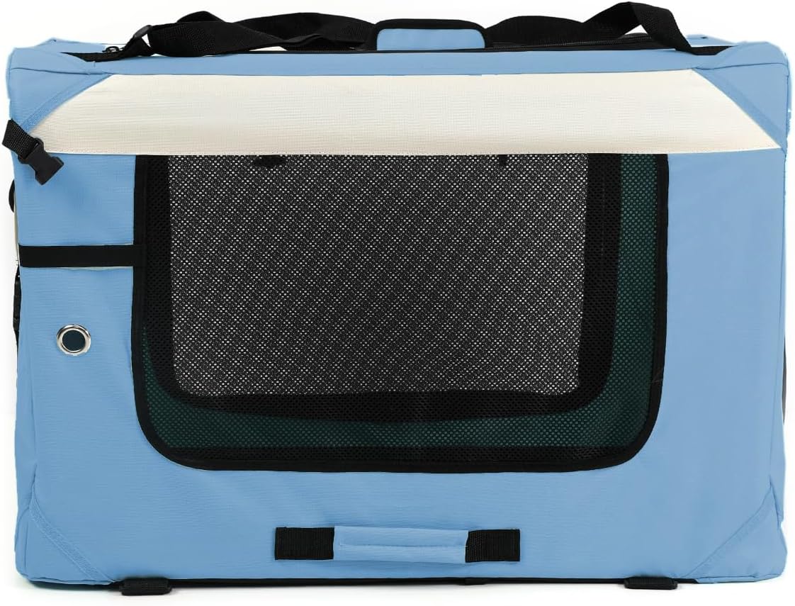 Collapsible Travel Dog Crate Portable Soft-Sided Pet Kennel Extra Large Cat Carrier with Soft Plush Fur Mat for Indoor and Outdoor,28x20x20in Sky Blue