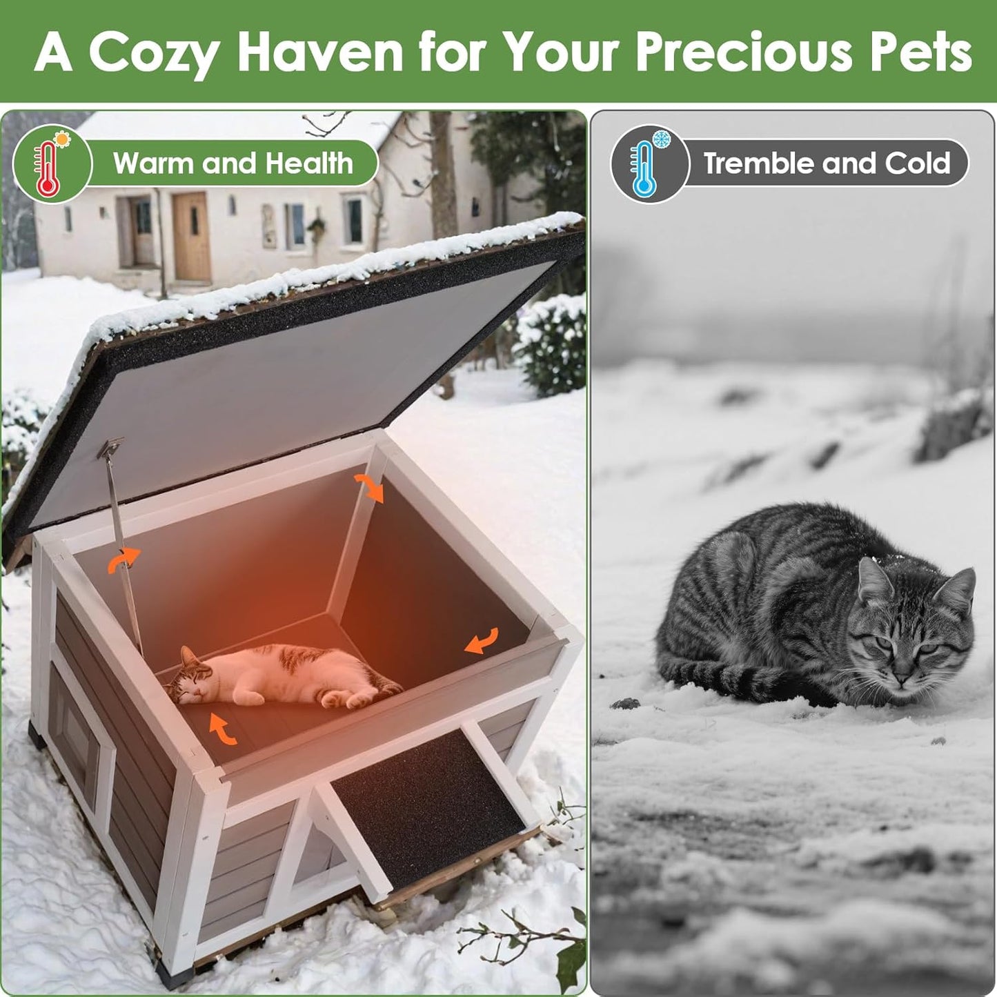 Insulated Cat House Weatherproof Outdoor/Indoor Shelter with Openable Asphalt Roof for Feral Cats & Small Pets
