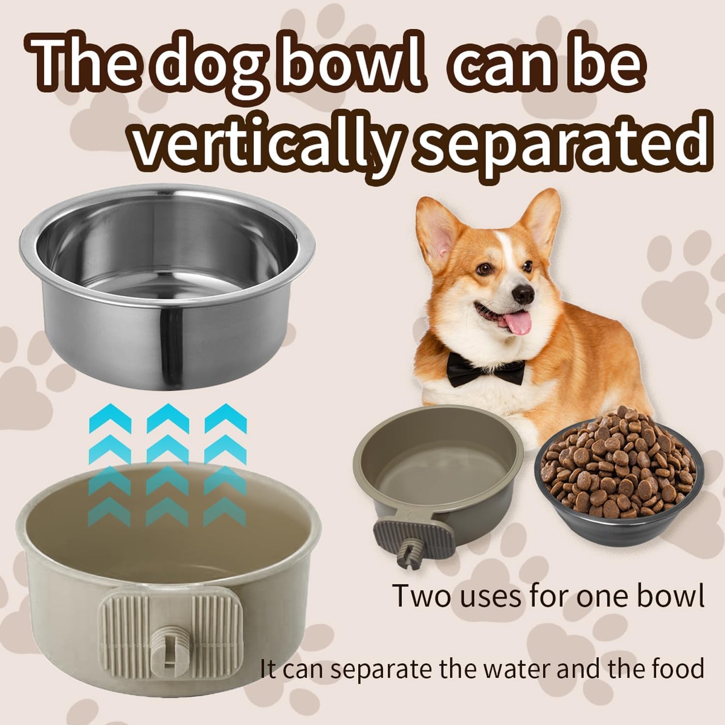 2Pcs Pets Lightweight Stainless Steel Bowl,Removable Stainless Steel Pet Hanging Food Water Feeder Bowl Cage Coop Cup for Puppy Medium Dog Cat Rabbit Ferret Bird Gunea Pigs (Gray, M)